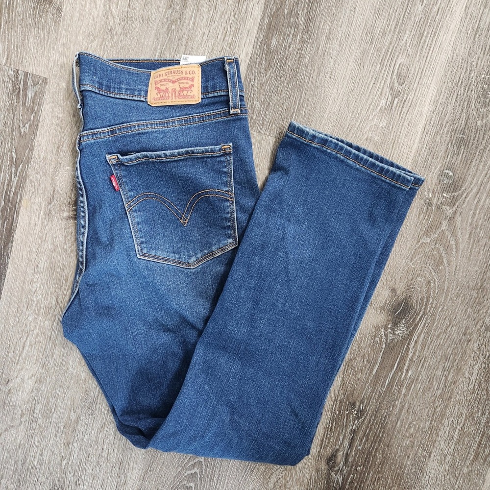 Levis 314 Shaping Straight Jeans Womens 8 Medium Wash Blue Distressed Denim